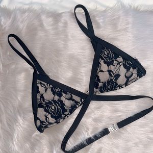 Nude & black lacey padded triangle bikini top